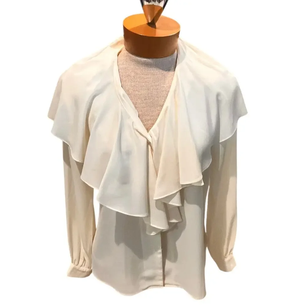 Vintage Size 8/S/M? Petite Sophisticate Womens Ruffled Blouse Ivory Long Sleeve - Picture 3 of 9